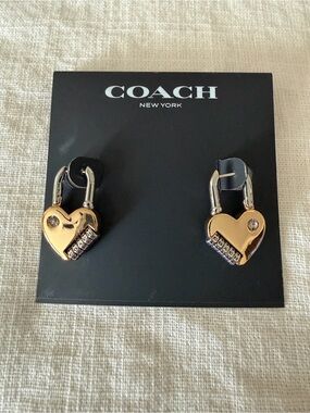 Authentic Coach Two-Tone Faux Stone Signature Heart Padlock Drop Earrings